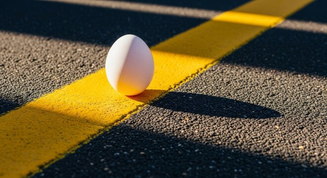 Single white chicken egg on textured asphalt with a bold painted line, captured under intense sunlight creating dramatic diagonal shadows, pavement, industrial, line