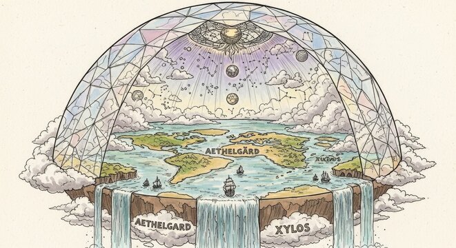 Hand Drawn Flat Earth World Map Under a Celestial Dome