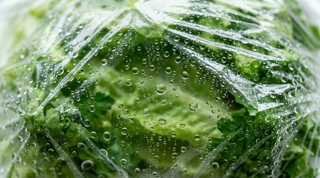 Fresh lettuce wrapped in plastic with water droplets close up