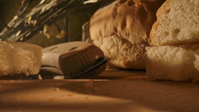 Slices of fresh bread with a knife on a wooden table surface. Concept of homemade food, bakery products, content for bakeries and bread factories, store, supermarket, gastronomy and culinary art