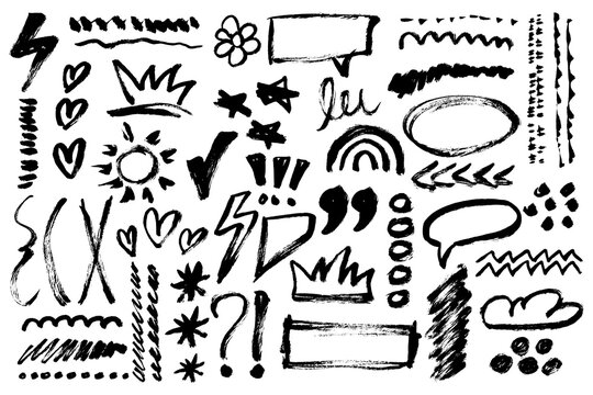 Punk Marker Drawn Shapes and Doodles. Grunge Scribble Icon and Symbols Collection. Brush stroke scribble, text highlight and underline shapes. Vector charcoal graffiti decorative elements.