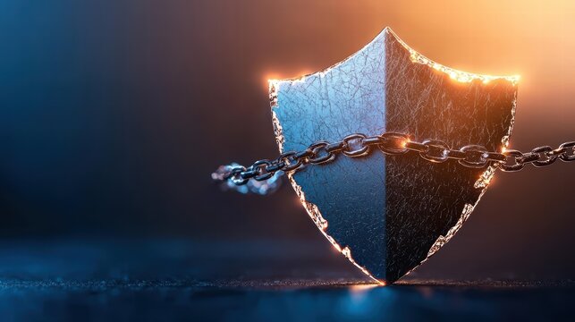 protection shield chain A broken chain falling off a shield, depicting a security vulnerability, dramatic lighting.