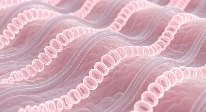 Microscopic view of collagen and elastin fibers in human skin, 3d medical illustration
