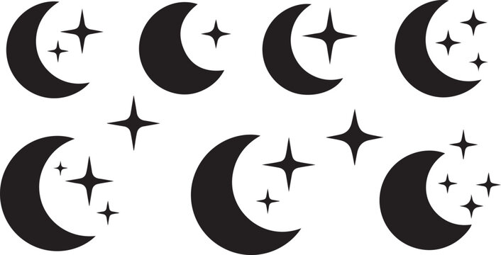 Black crescent moons and stars on white background