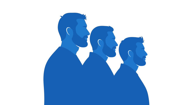 Three blue profile silhouettes of diverse bearded men