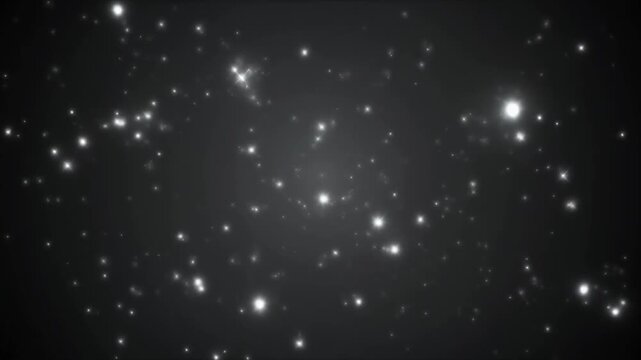 Crisp commercial digital backdrop displaying realistic white dust particles and floating bokeh spots shifting slowly against a dark grey monochrome void like stars on the sky