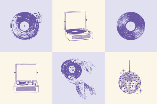Set of illustrations of a vintage vinyl record, disco ball, turntable, curly border, isolated. Hold an old vinyl record in hands. The turntable features a vinyl record and stylus.
