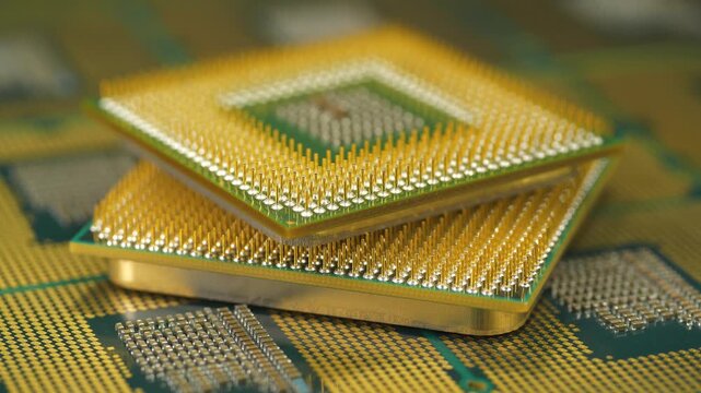 Central processing units with golden pins and contacts for a personal computer, essential for computing tasks