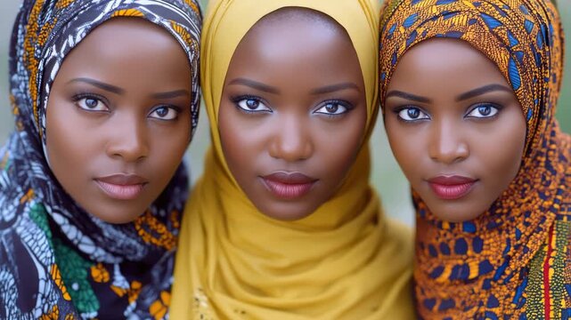 Four women wearing colorful hijabs showcasing different styles. They have bold eye makeup and are looking directly at the camera with strong stares.
