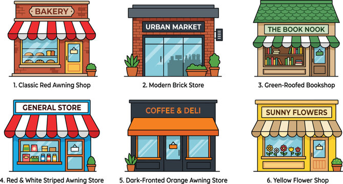 Set of colorful storefront illustrations featuring a bakery urban market bookshop general store coffee shop