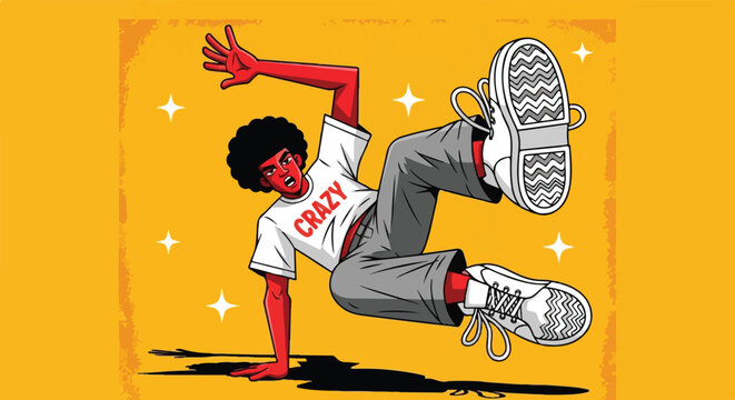 Energetic young Black man breakdancing in white t-shirt and sneakers comic style illustration on yellow.