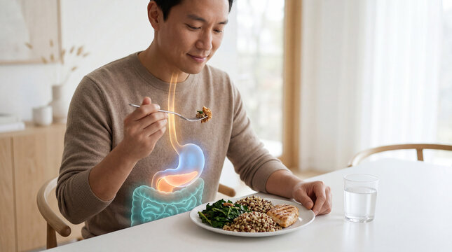 Conscious eating leads to internal wellness, a man enjoying a balanced meal as his vibrant digestive system glows