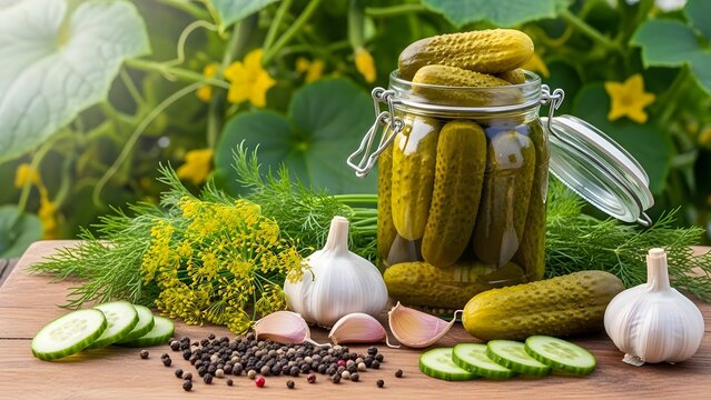 Homemade dill pickles in a jar with fresh ingredients and garden background