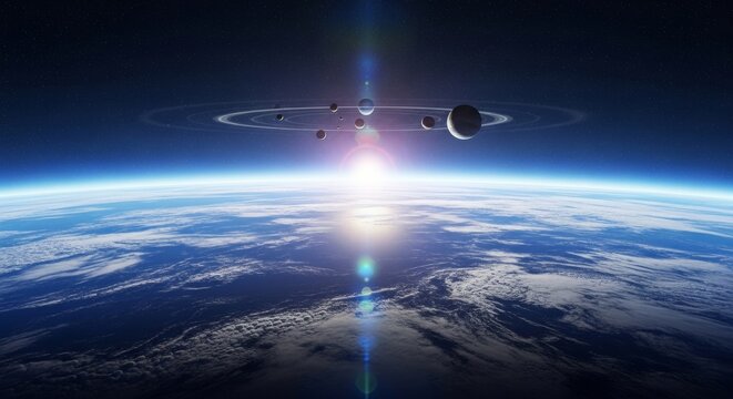 Digital Solar System with Ringed Planets Above Earth