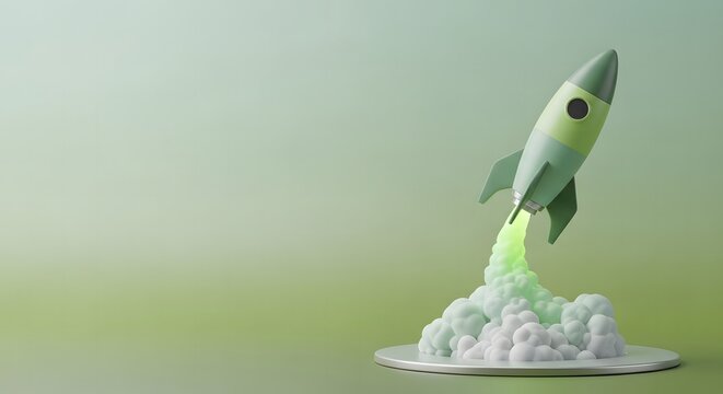 3d render of a green cartoon rocket ship launching from a circular platform against a soft green gradient background
