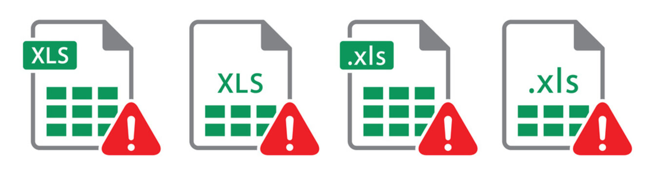  Excel file format error icon. Xls warning icon, vector illustration