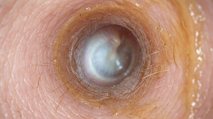 Fototapeta premium Intricate view of the inner ear revealing a pearlescent eardrum framed by tiny hairs and glistening earwax