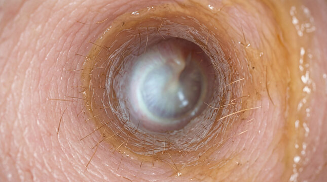 Intricate view of the inner ear revealing a pearlescent eardrum framed by tiny hairs and glistening earwax