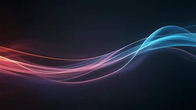 Seamlessly looping commercial digital background showing elegant glowing pink and cyan neon light strands flowing gracefully through a dark ambient void.