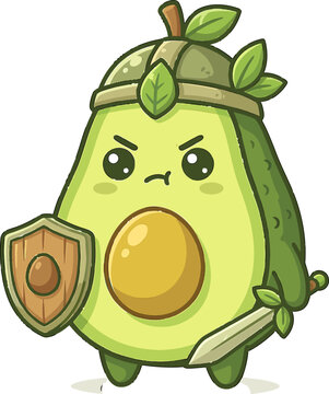 A charming cartoon avocado character styled as a brave little warrior, complete with a leafy helmet, a protective shield, and a small sword, ready for an adventurous quest