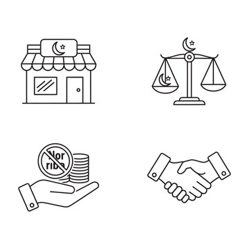 Islamic finance line icons set, Sharia compliant banking symbols, Halal business and no riba interest free economy vector illustrations
