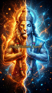 Spiritual portrait of the half lion incarnation in prayer pose for narsimha jayanti bishnu avatar and hindu festival puja with fire and water energy aura