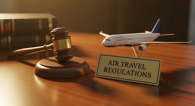 Air travel regulations concept with gavel and airplane model.