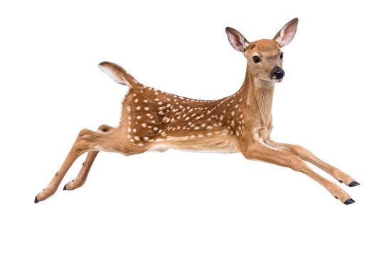 Cute spotted fawn deer leaping in mid air, isolated on white background, symbol of wildlife agility, innocence, and natural grace