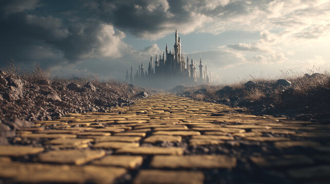 Yellow brick road leading to a majestic fantasy castle under a dramatic stormy sky with fairytale