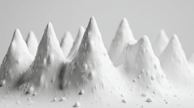 Abstract white textured cone shaped peaks resembling miniature snowy mountain ranges with abstract