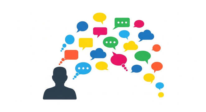Person thinking with many colorful speech bubbles and thought bubbles.