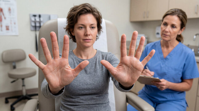 Patient extends hands for a focused medical examination in a pristine clinic, while a diligent nurse records observations