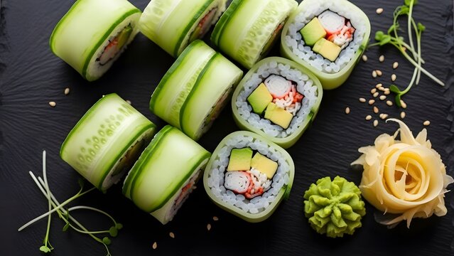 Delicious cucumber maki sushi rolls with fresh ingredients and garnishes
