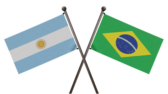Realistic 3D render of Brazil and Argentina national flags with crossed poles on a white background, symbolizing South American diplomacy, sports rivalry, and regional partnership