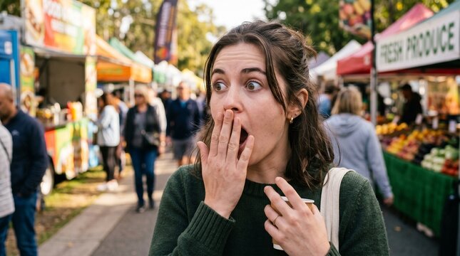 Young woman with a surprised expression covering her mouth at a bustling outdoor market with fresh produce stalls in the background.