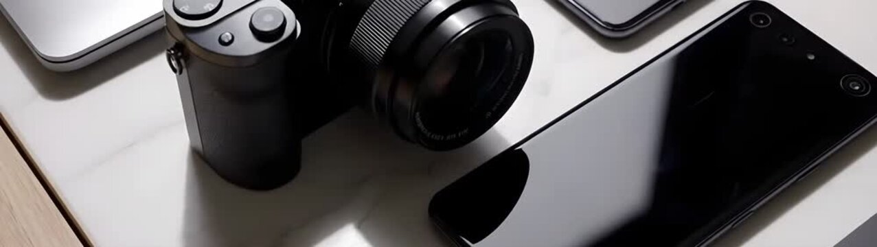 Zooming in on a minimalist workspace with modern electronic gadgets including a mirrorless camera smartphones laptop and wireless headphones on a marble desk