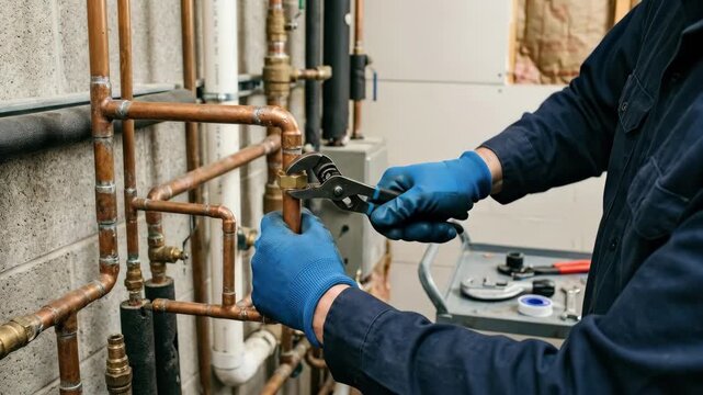 Worker with gloves adjusting copper pipes using tool, plumbing craftsmanship, maintenance service, close-up technical work, professional repair setting, realistic detail, no logos