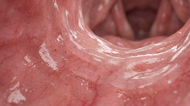 Glistening pathways of an internal body cavity revealing the delicate textures and vibrant hues of living tissue