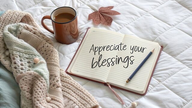Cozy morning with coffee and appreciation journal