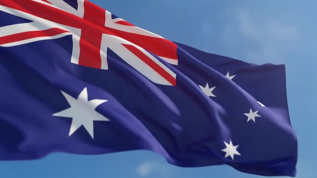 Close-up commercial motion graphic template framing the blue field, Union Jack, and Southern Cross stars of the Australian national flag waving smoothly.