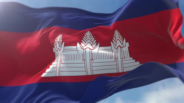 A stunning 3D rendered commercial stock footage of the Cambodian national flag featuring the white Angkor Wat temple illustration waving digitally.