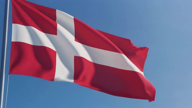 A high-quality commercial 3D animation loop showcasing the national flag of Denmark featuring its iconic white scandinavian cross on a red field waving digitally.
