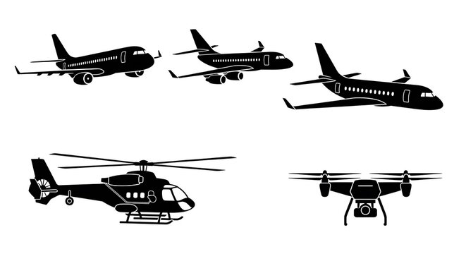 Airplanes and helicopters in flight.