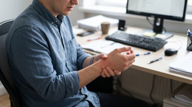 A man sitting at a desk in an office, holding his wrist in pain, suggesting discomfort or injury from prolonged computer use.