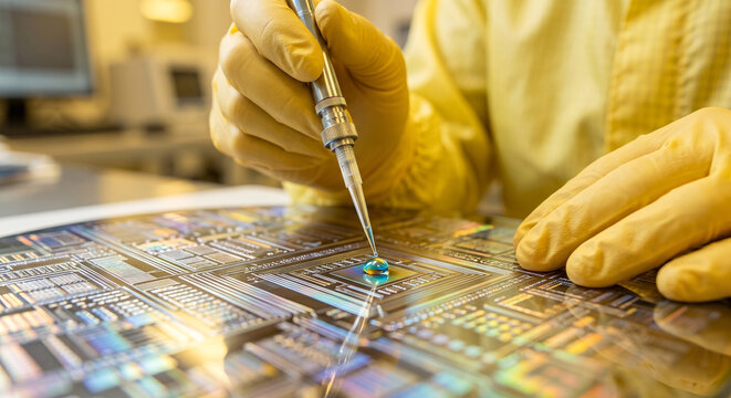 Manufacturing technician using precision pipette for liquid application on silicon semiconductor wafer board.