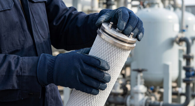Worker holding industrial water filtration cartridge while wearing protective gloves at treatment plant site.