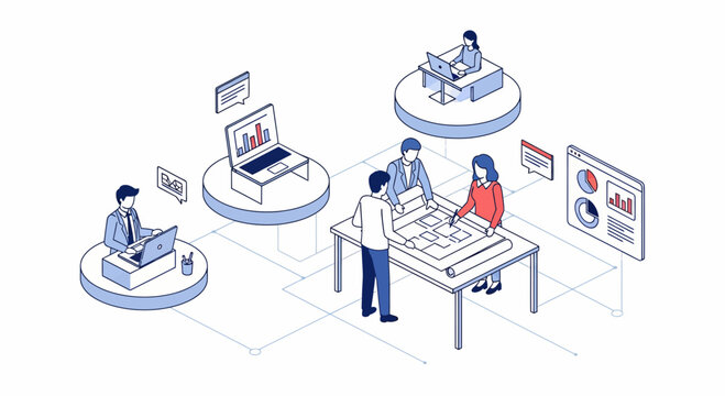 A team of pro men and women work on plan with data in the laptops