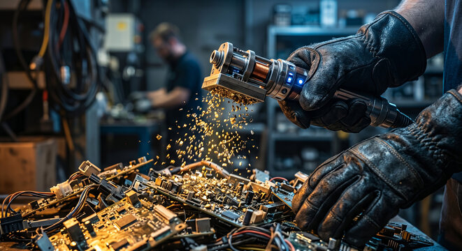Worker with gloved hands using tool to extract valuable metals from discarded electronic circuit boards.