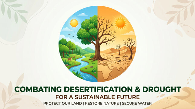 Combating desertification and drought concept showing green nature and dry land contrast for sustainability awareness campaign and environmental protection design