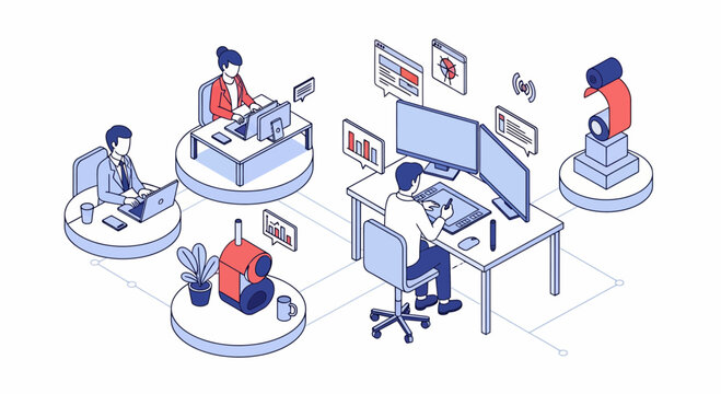Isometric digital artist workspace where creative designers and web developers collaborate on modern graphic projects together.
